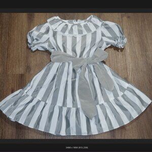 Girls Vintage Jane Darling Gray White Striped Ruffled Dress Lace Velvet Belt 5